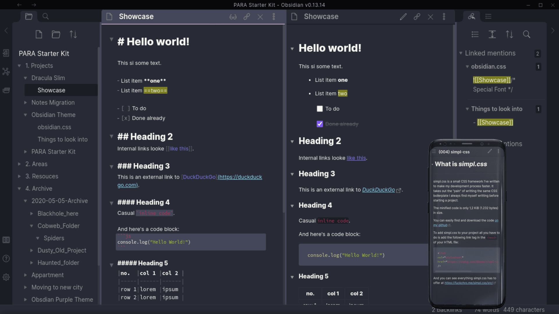 Dracula Slim Obsidian theme screenshot