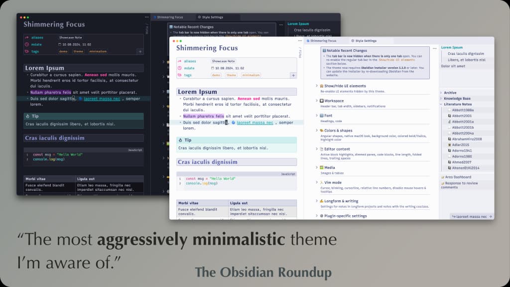 Shimmering Focus Obsidian theme screenshot