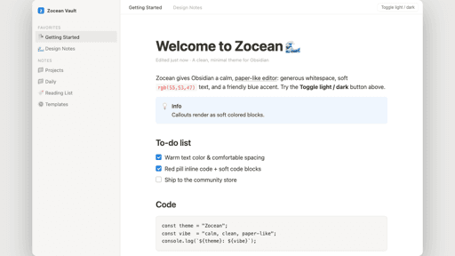 Zocean Obsidian theme screenshot