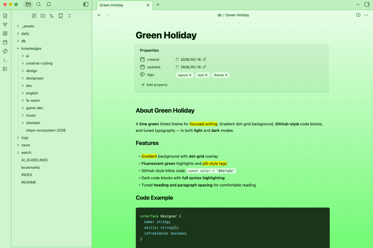 Green Holiday Obsidian theme screenshot