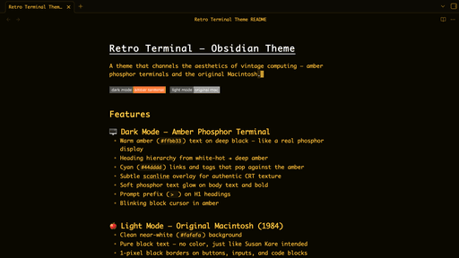 Retro Terminal Obsidian theme screenshot