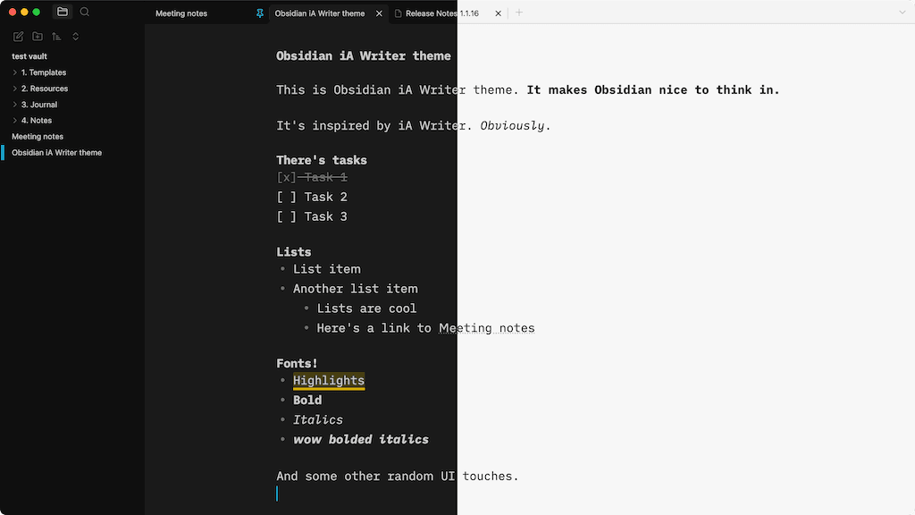iA Writer Obsidian theme screenshot