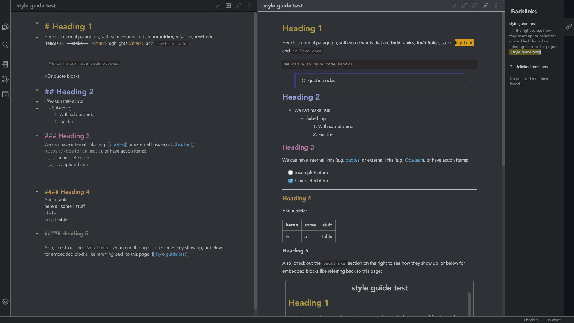 Comfort color dark Obsidian theme screenshot
