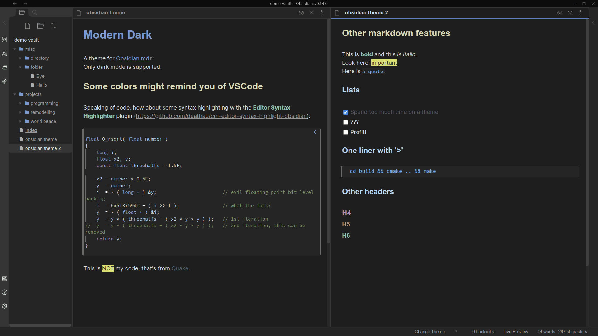 Modern Dark Obsidian theme screenshot