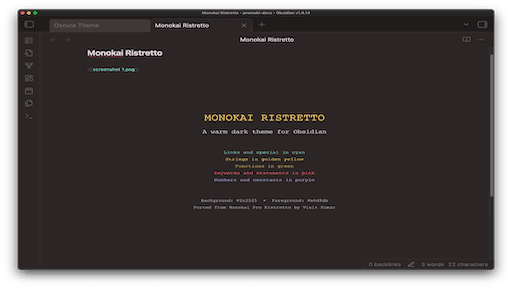 Monokai Ristretto Obsidian theme screenshot